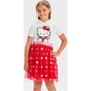 Hello Kitty Dress Hooded‎ Dress Red Polka Dot Tulle Skirt Girls Size L 10/12 NWT